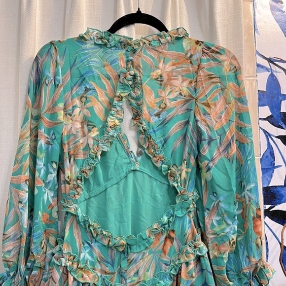 New B. Dainty Polyester Floral Green Cut Out Back Long Sleeve Babydoll Dress - Picture 11 of 13